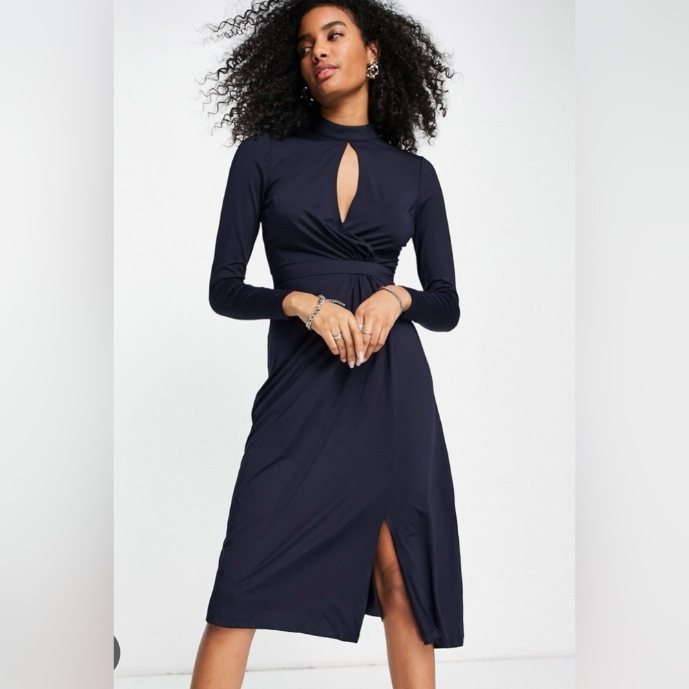 Ted Baker Navy Long-Sleeve High-Neck Pleated Front Dress